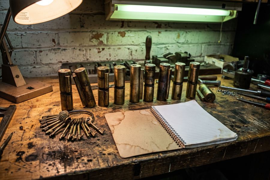 A graduated row of brass lock cylinders beside a ring of brass keys and an open notebook on a workbench