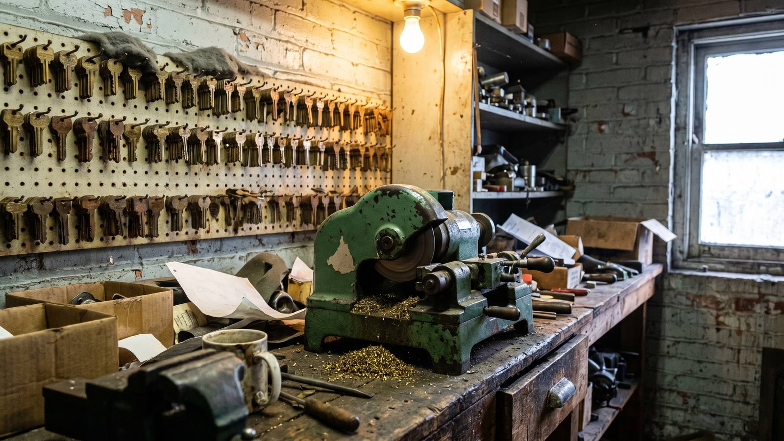 A cluttered working locksmith's shop: a chipped cast-iron key machine on a scarred bench, brass swarf heaped beneath it, crooked rows of key blanks on the pegboard behind